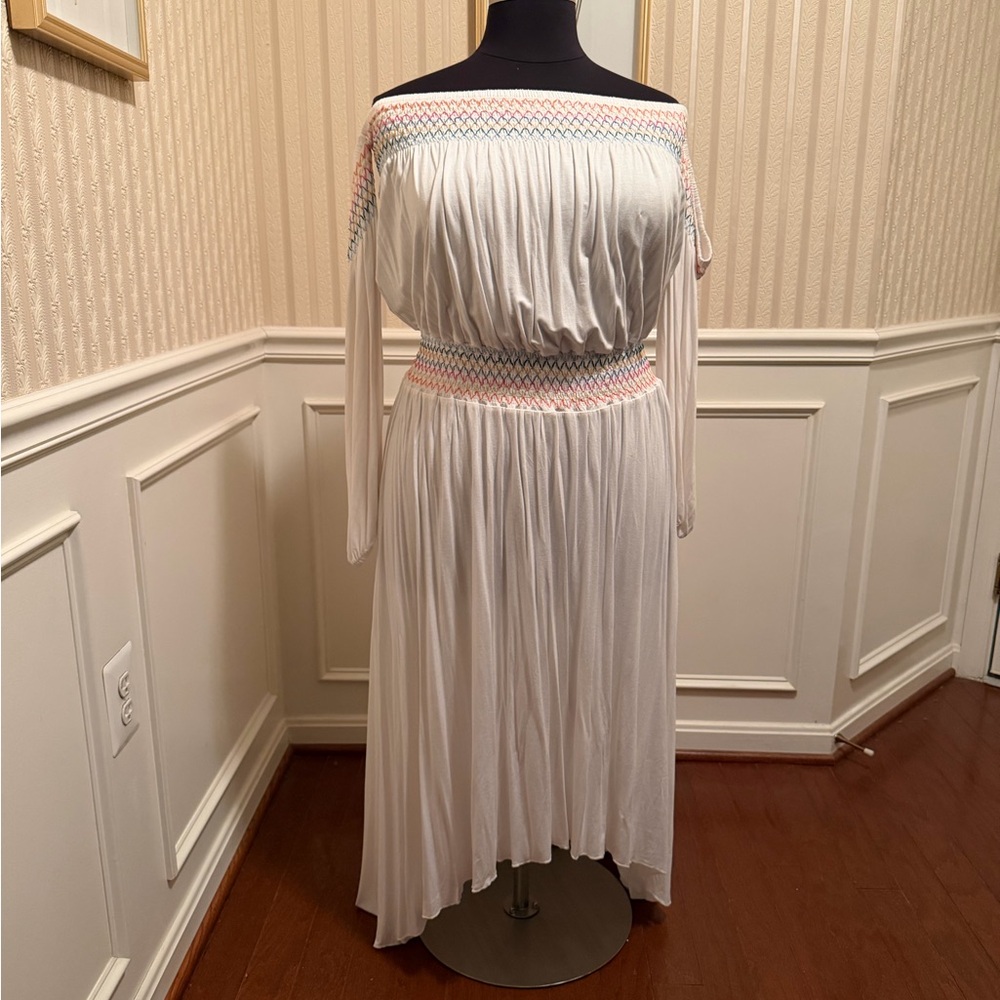 Swimsuits For All White Off-Shoulder Beach Coverup with Pastel Trim